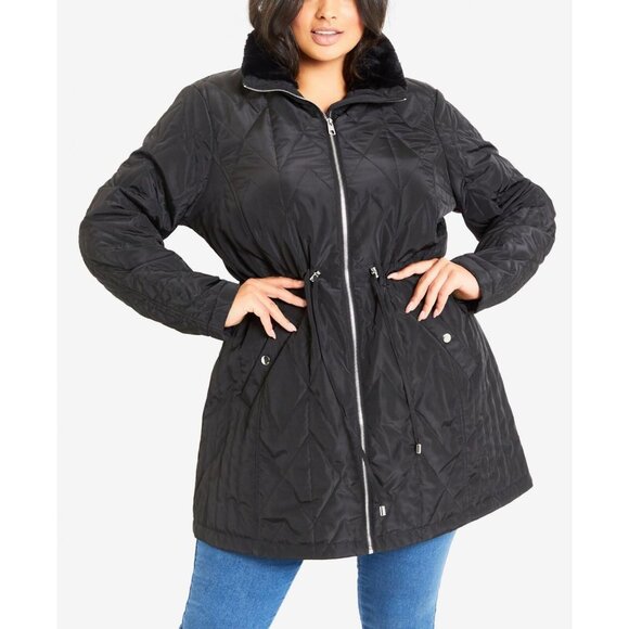 NWT Evans Womens Plus Size Faux Fur Collar Padded Coat 211224 18W Black - Picture 1 of 5
